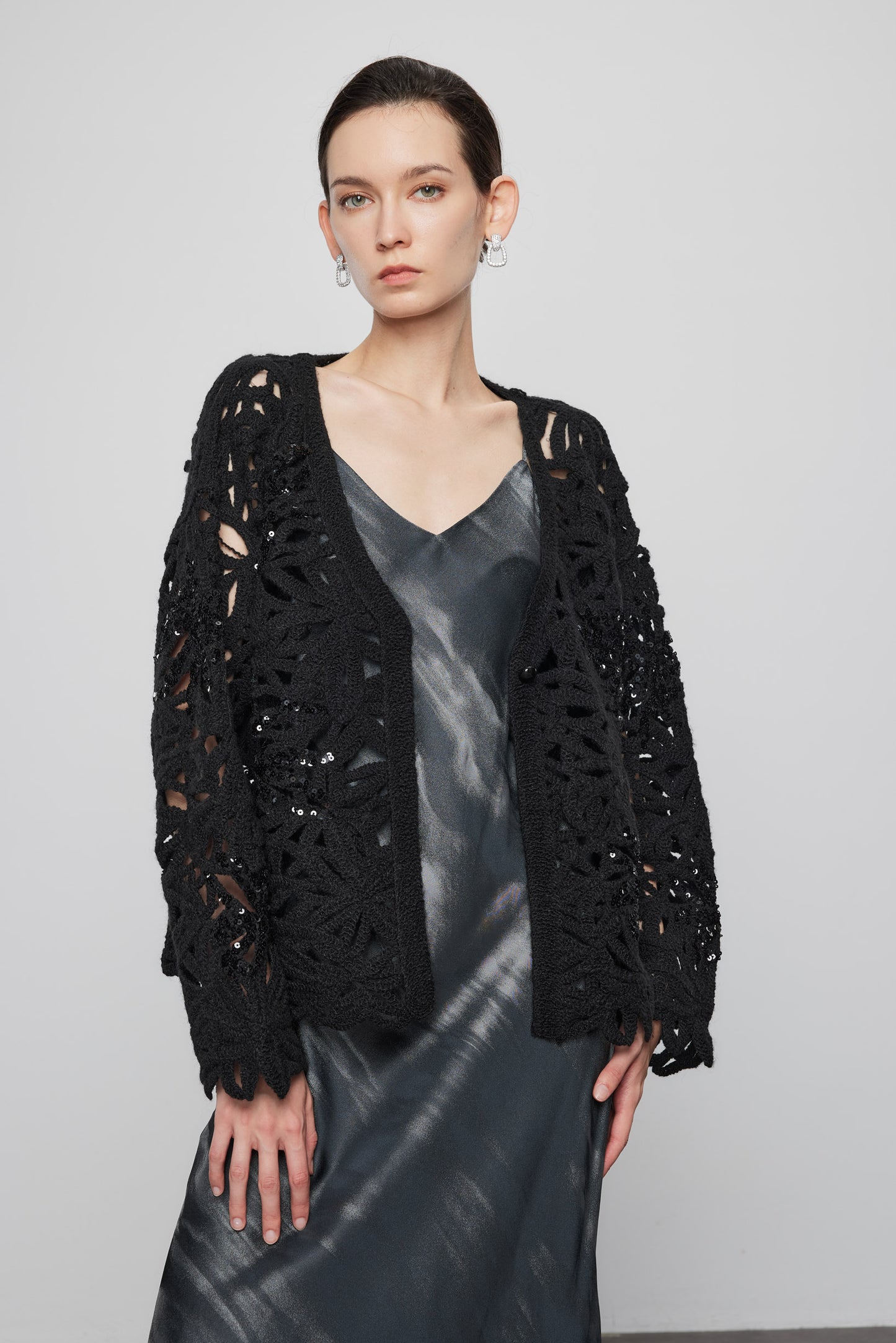 Beaded Crochet  Cardigan In Black
