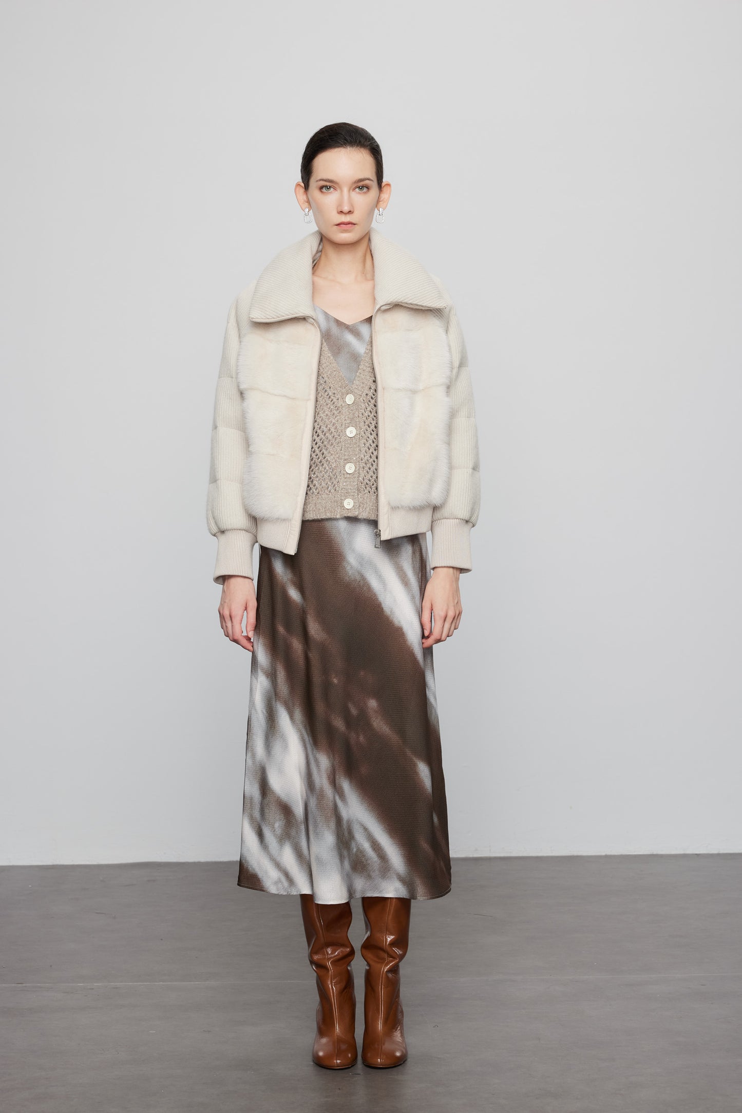 Mink Paneled Down Jacket In Khaki