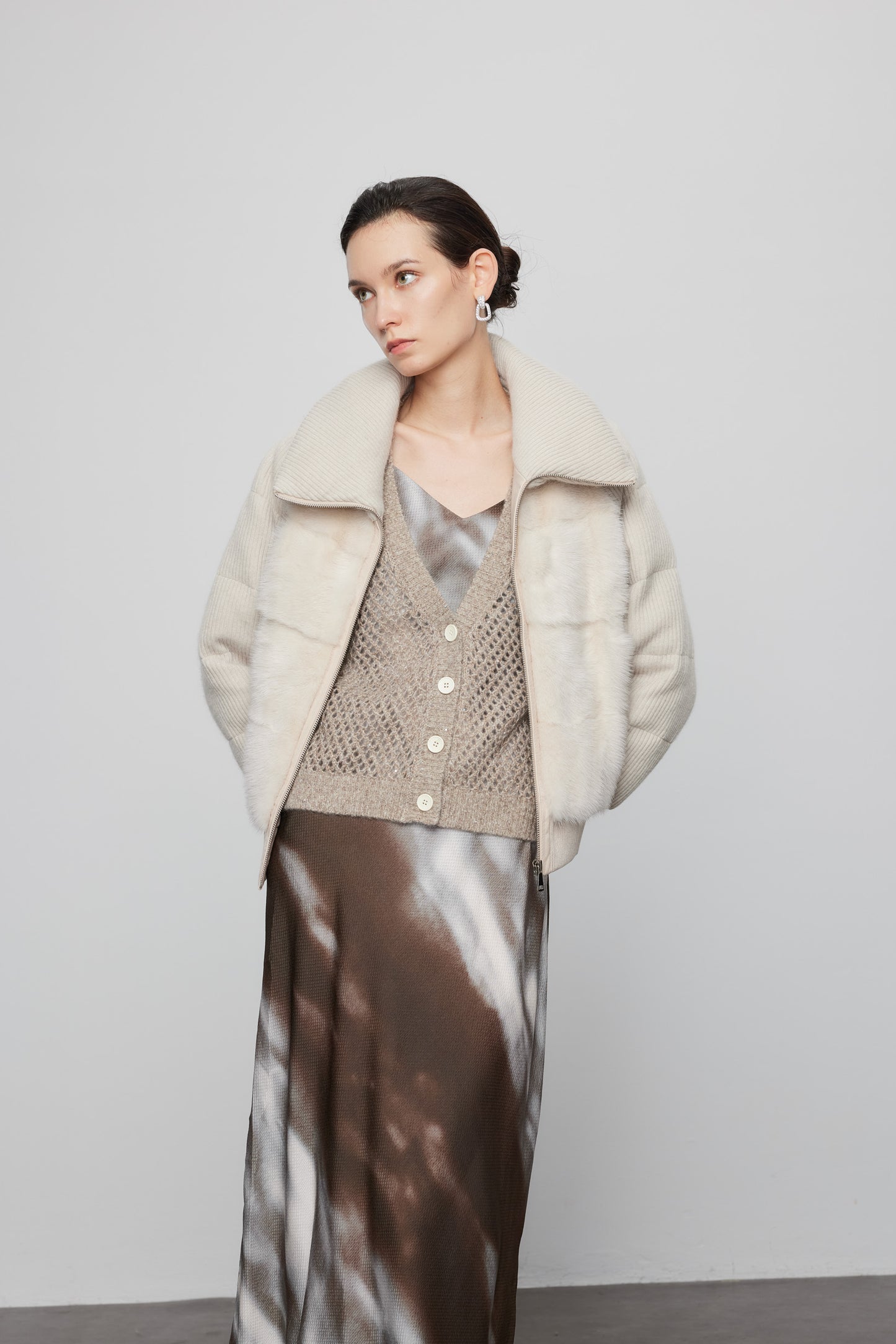 Mink Paneled Down Jacket In Khaki