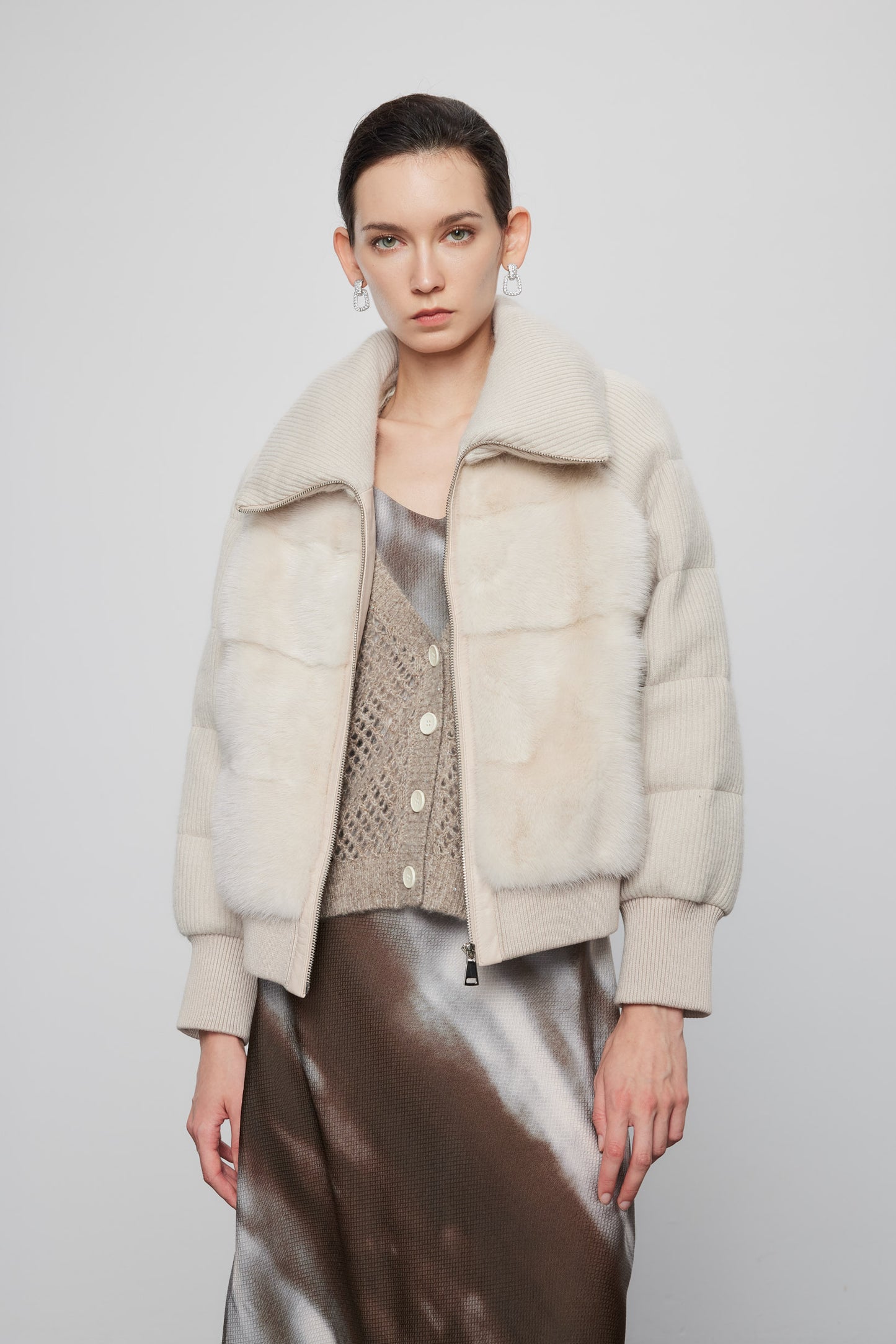 Mink Paneled Down Jacket In Khaki