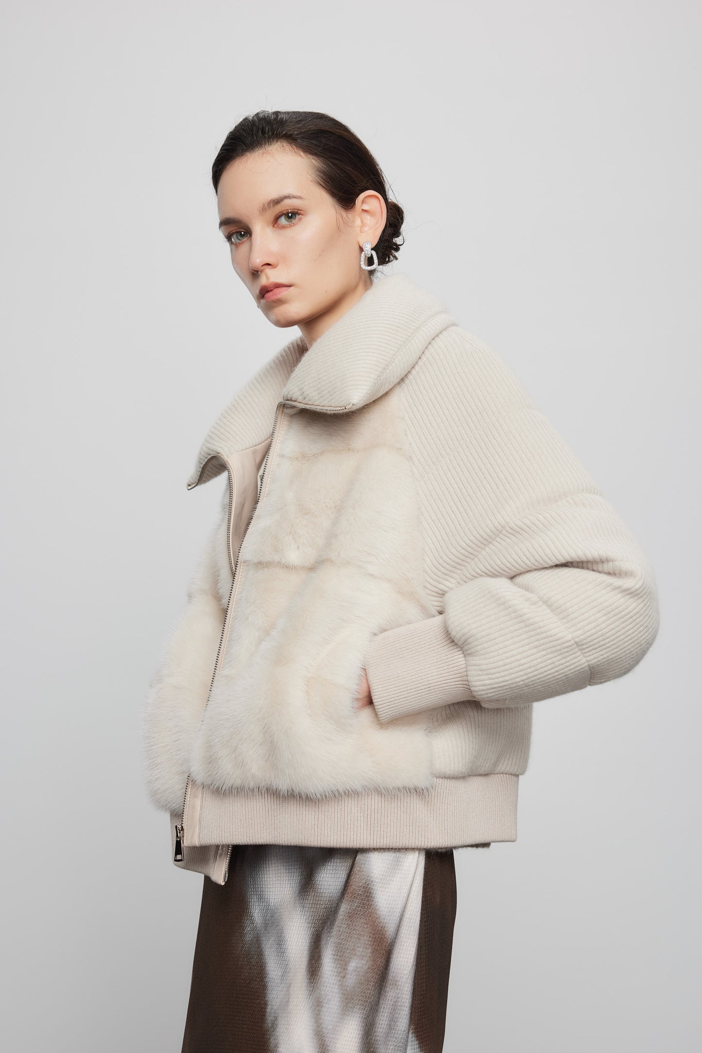 Mink Paneled Down Jacket In Khaki