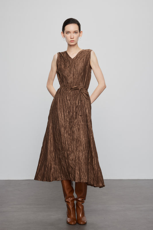 V Neck Pleated Belted Sleeveless Dress