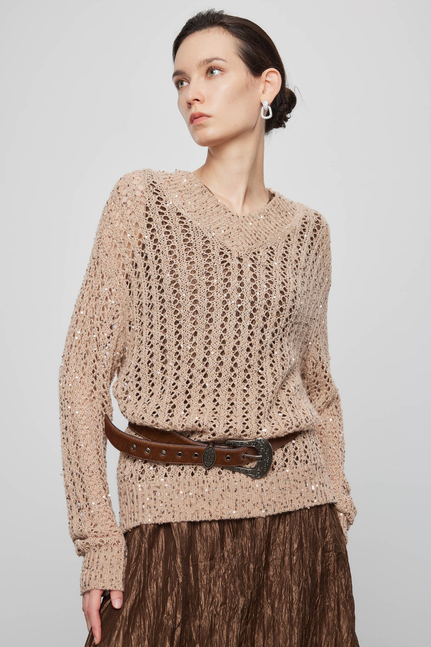 Hand Beaded Cashmere V Neck Pullover