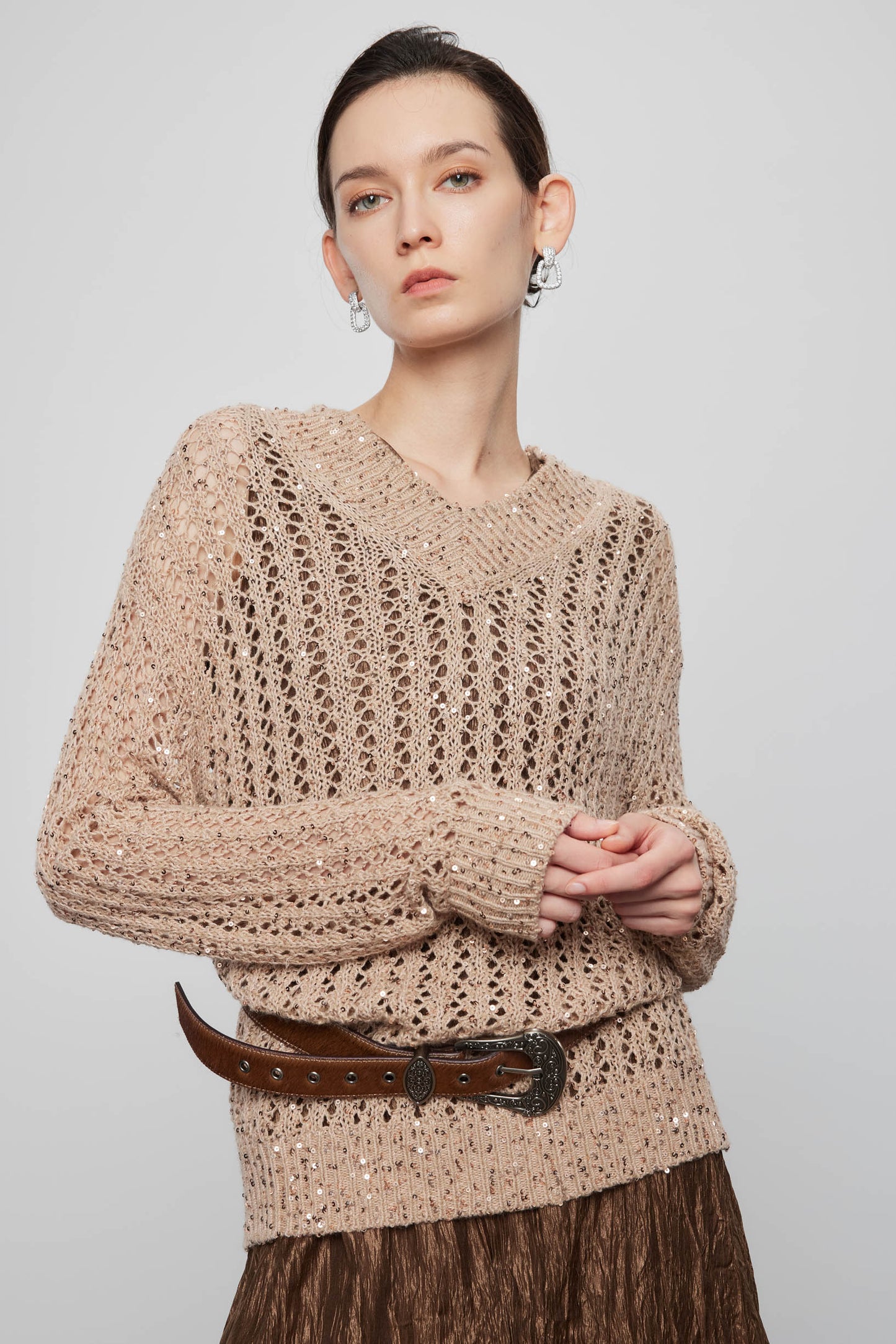 Hand Beaded Cashmere V Neck Pullover