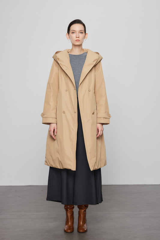 Goose Down Hooded Trench Jacket In Khaki