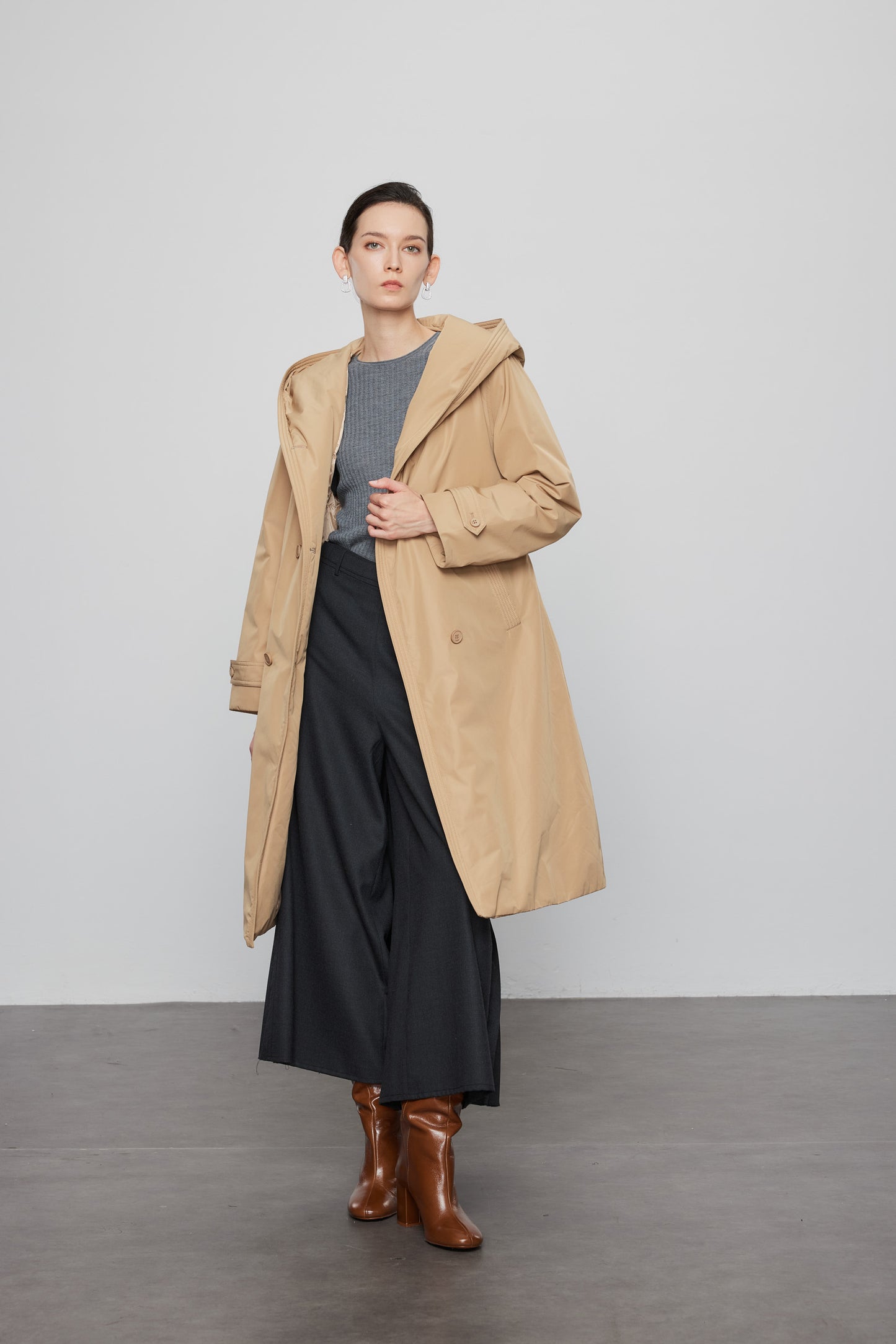 Goose Down Hooded Trench Jacket In Khaki