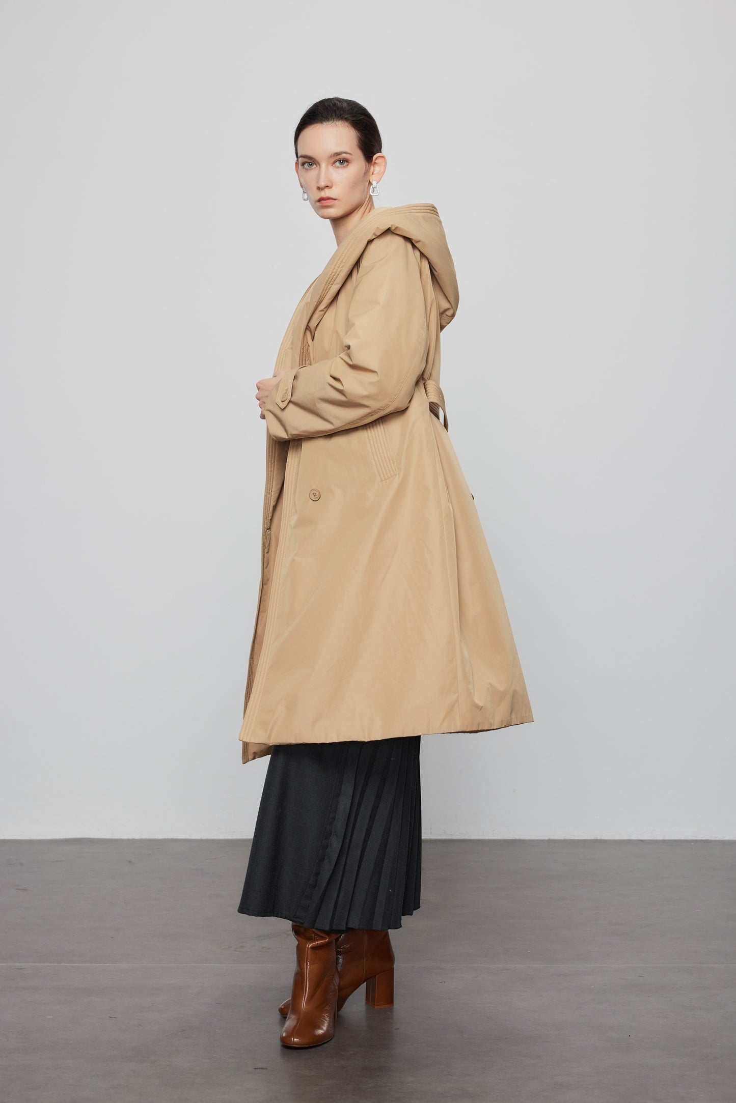 Goose Down Hooded Trench Jacket In Khaki