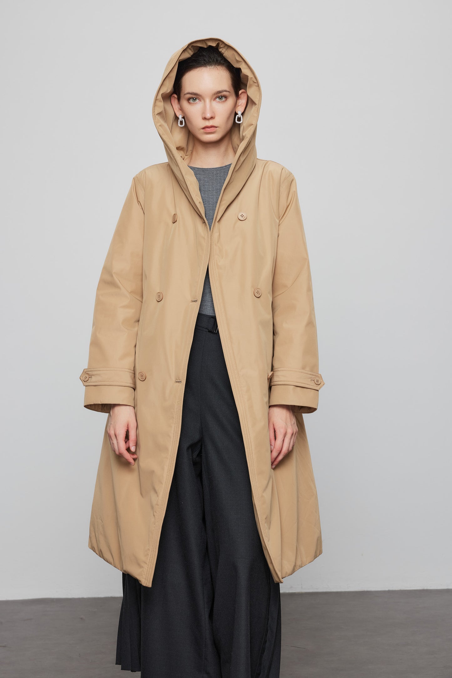Goose Down Hooded Trench Jacket In Khaki