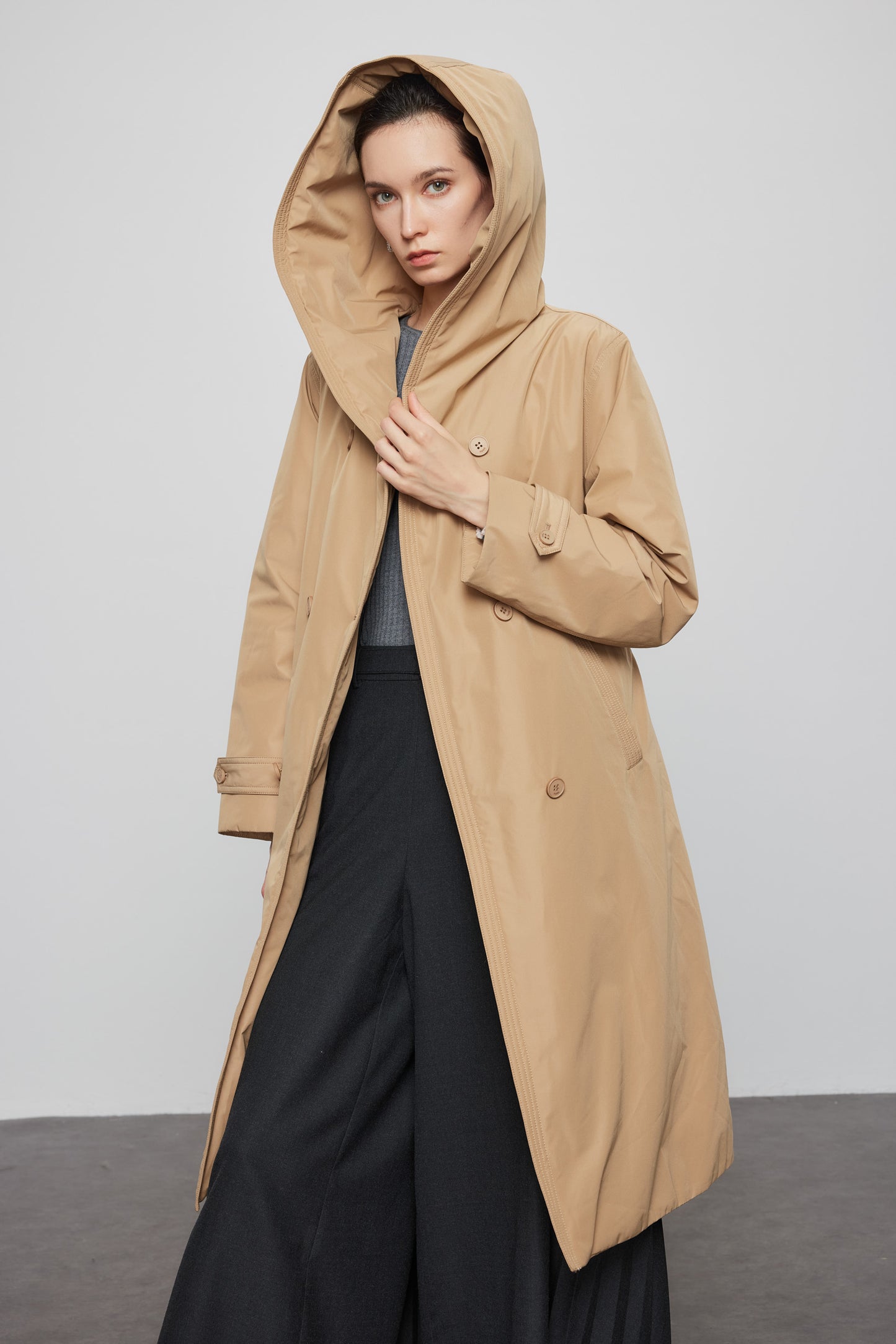 Goose Down Hooded Trench Jacket In Khaki