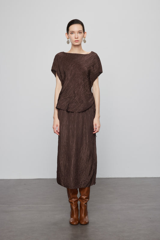 Woodgrain Pleated Silk Top In Brown