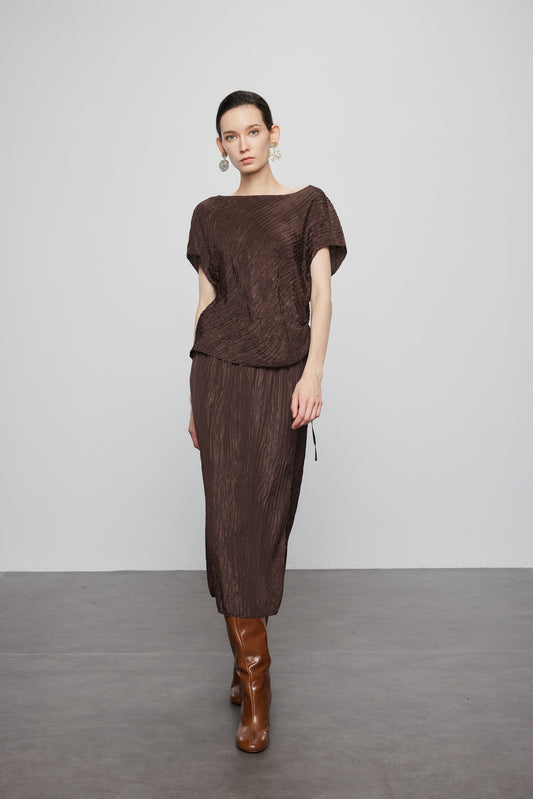 Woodgrain Pleated  Silk Skirt In Brown