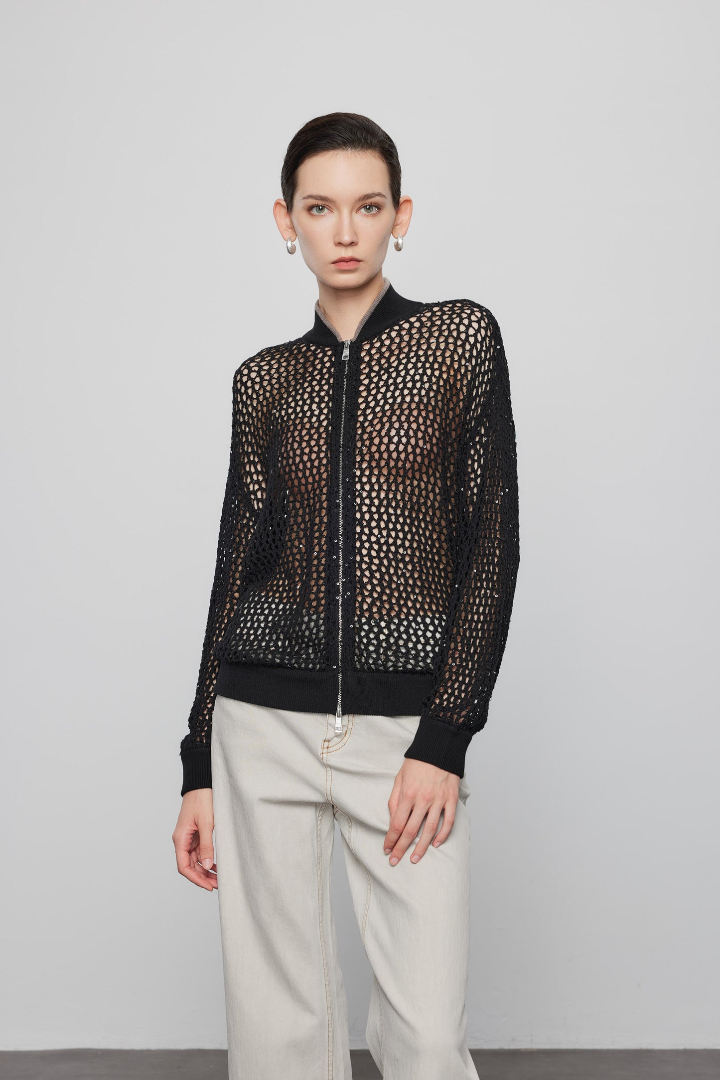 Full Zip Sequin Wool Cardigan