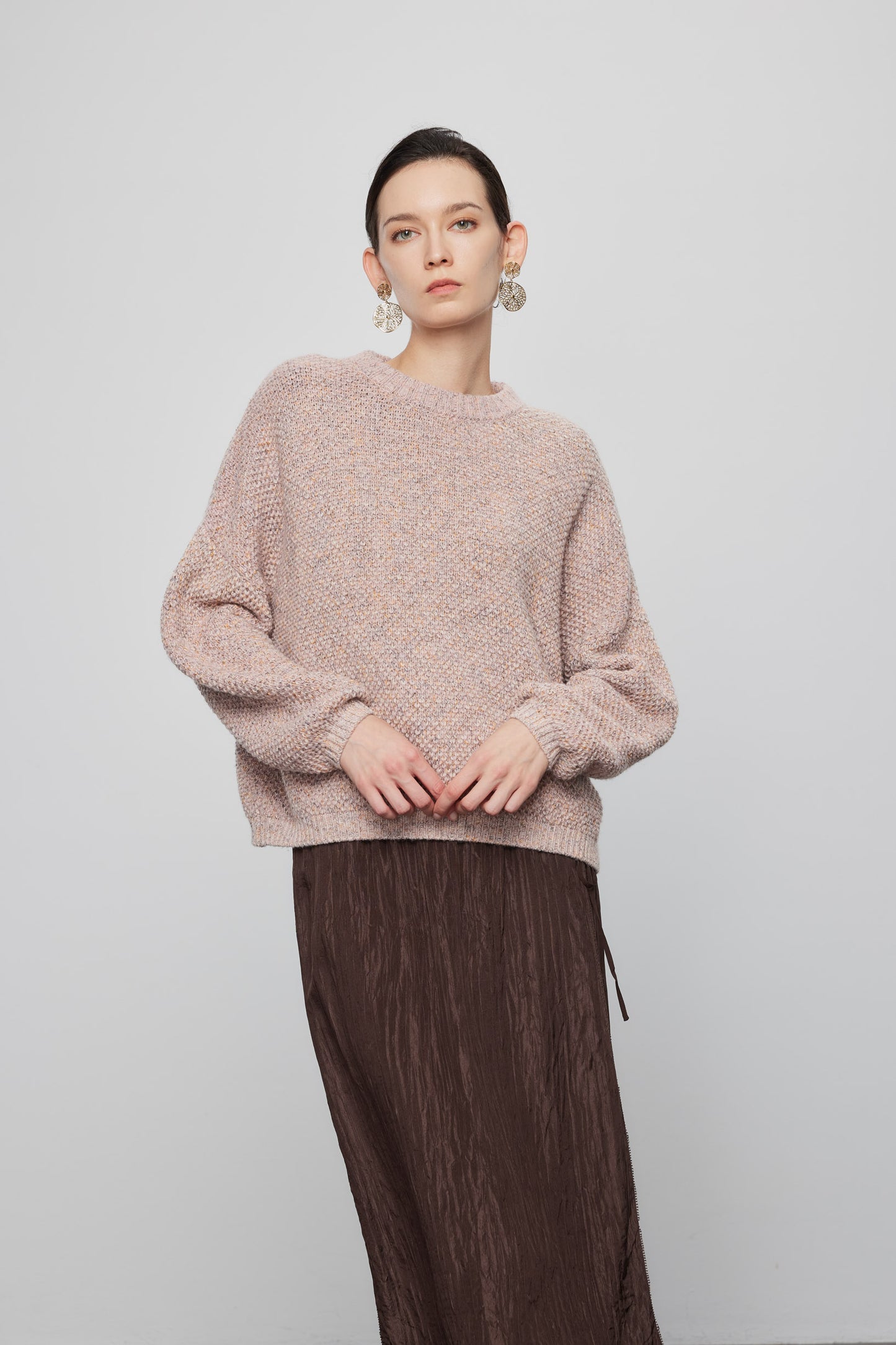 Melange Crewneck Pullover In Dusty Blush