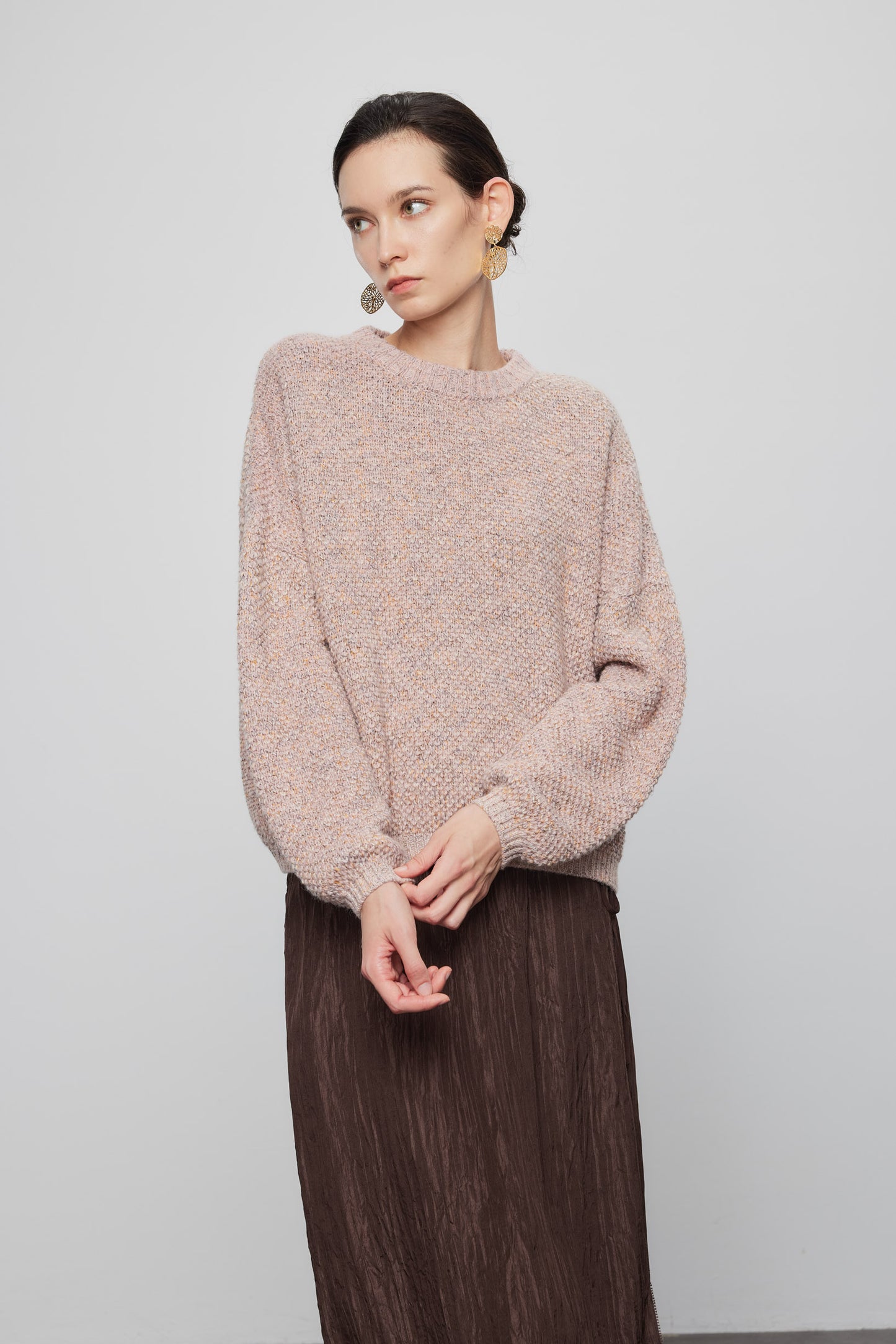 Melange Crewneck Pullover In Dusty Blush
