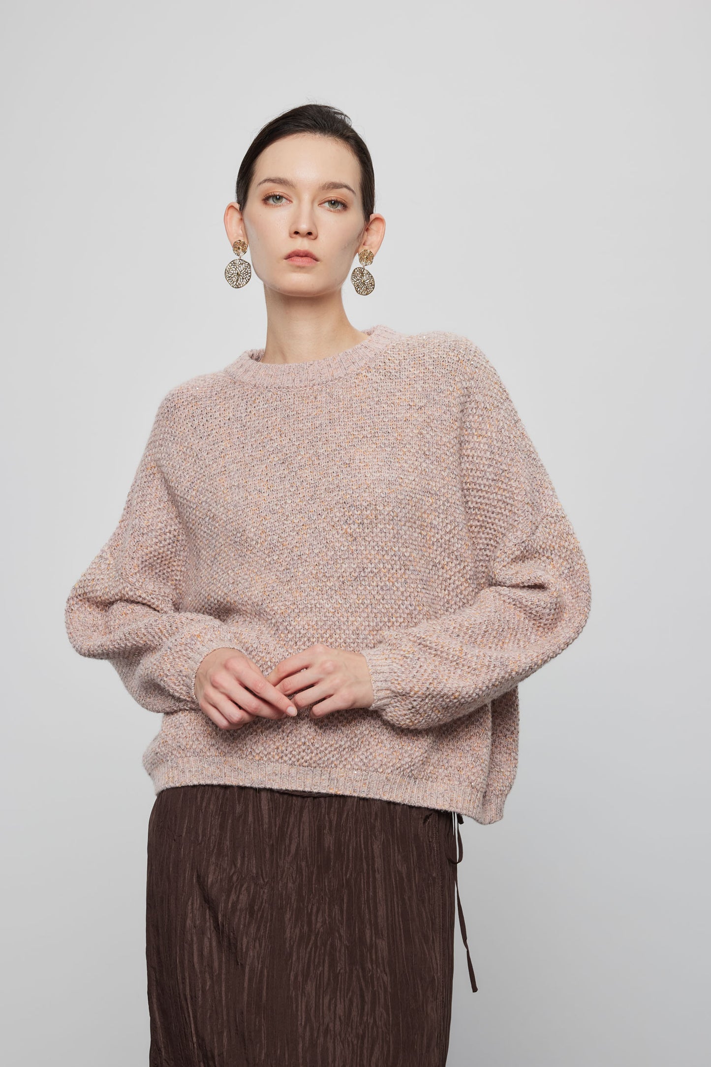 Melange Crewneck Pullover In Dusty Blush