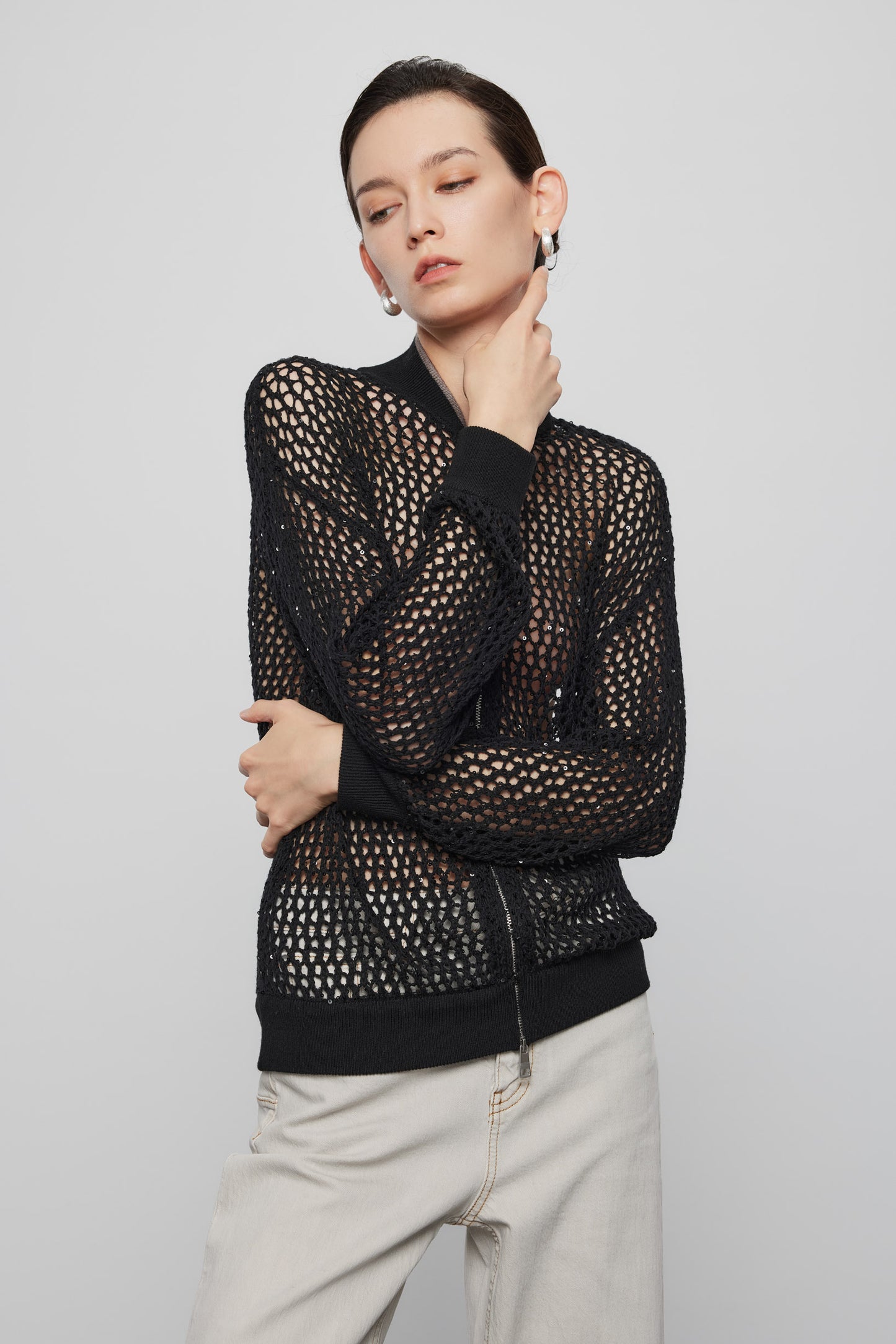 Full Zip Sequin Wool Cardigan