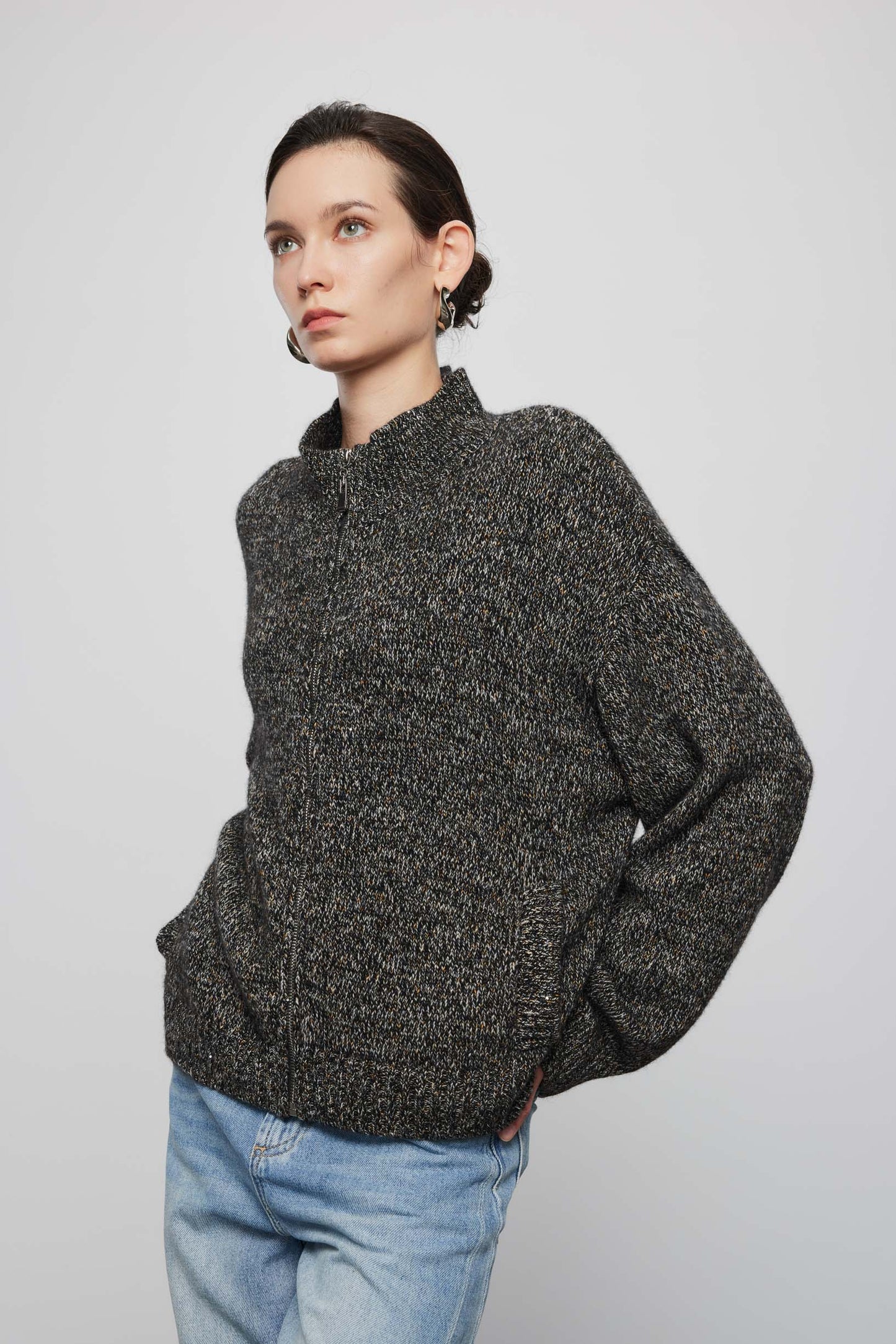 Melange Zip Front Sweater