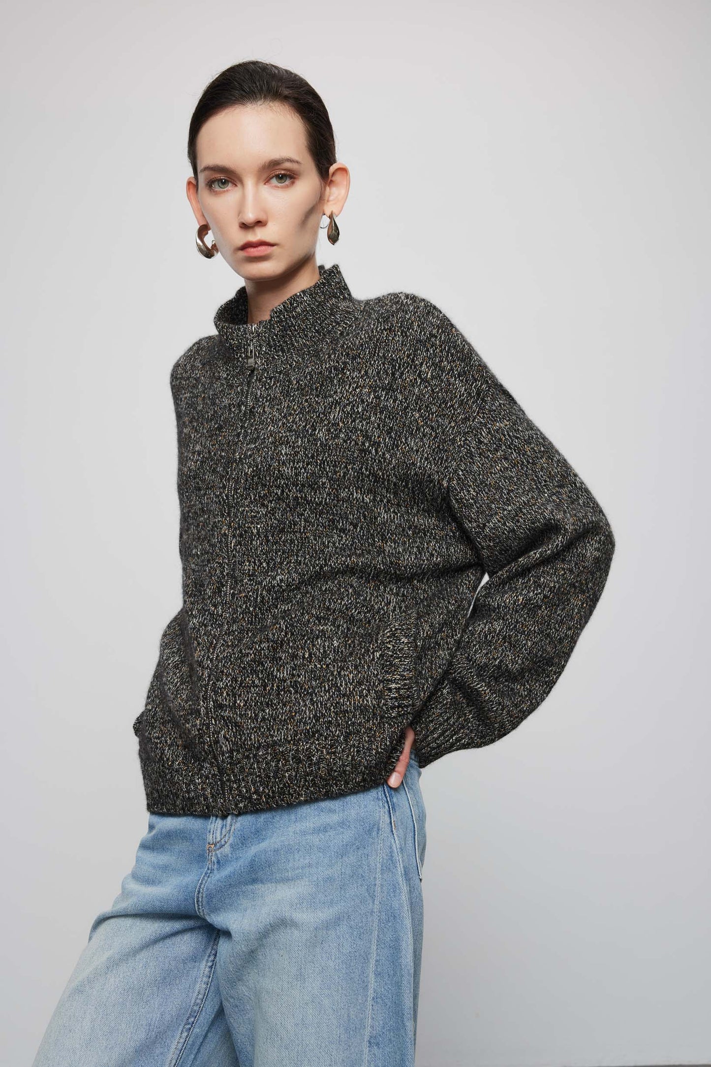 Melange Zip Front Sweater