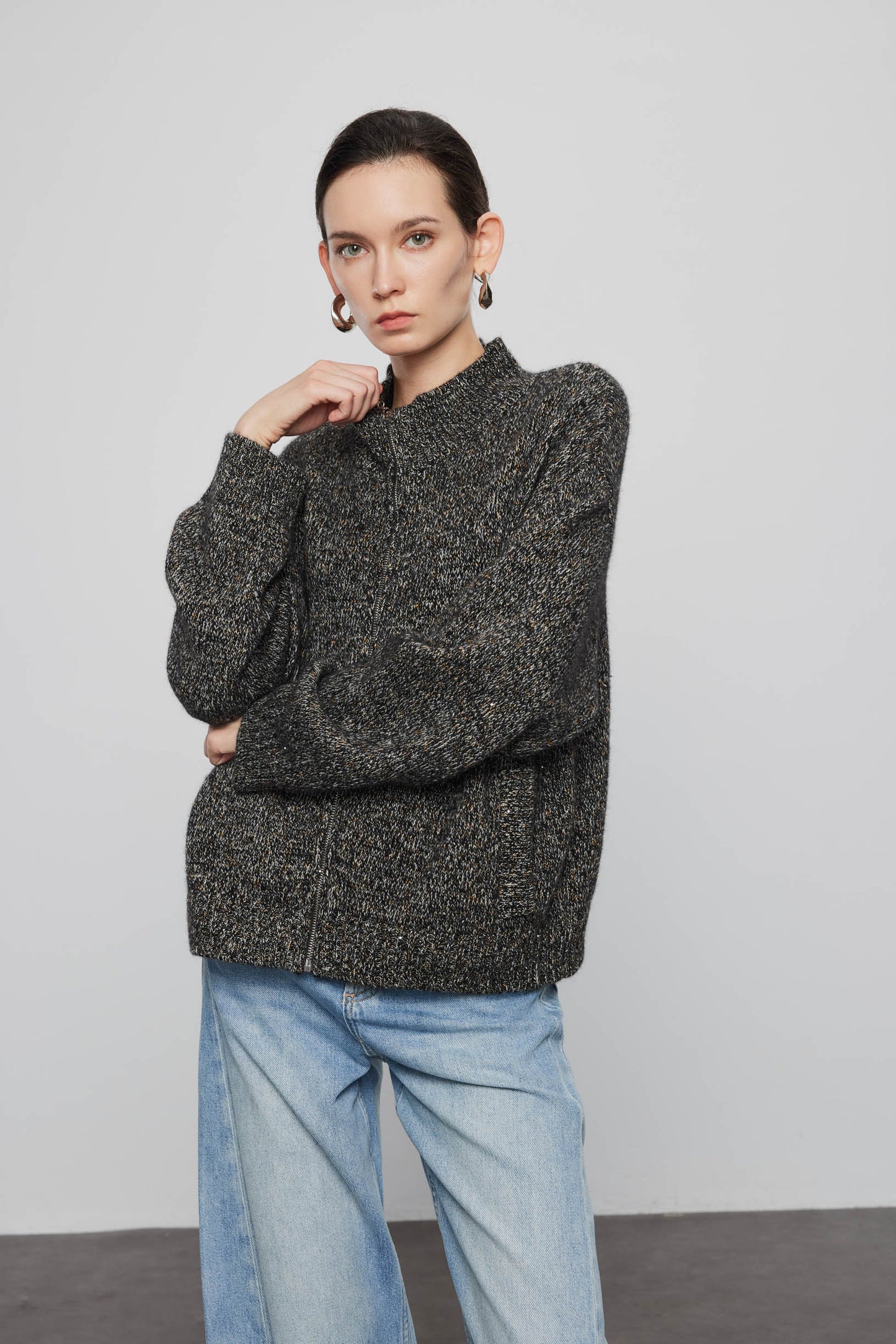 Melange Zip Front Sweater