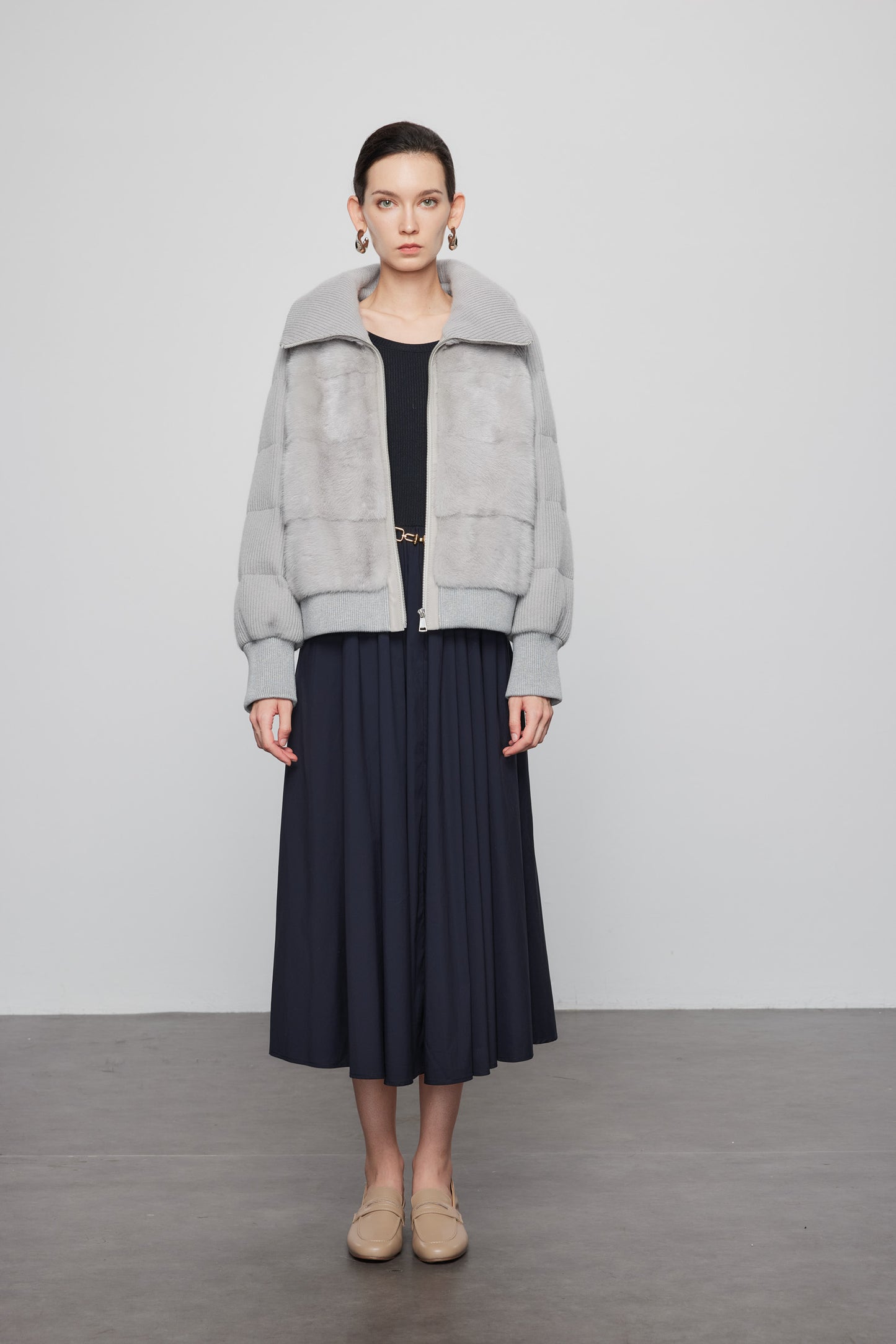 Mink Paneled Down Jacket In Light Grey