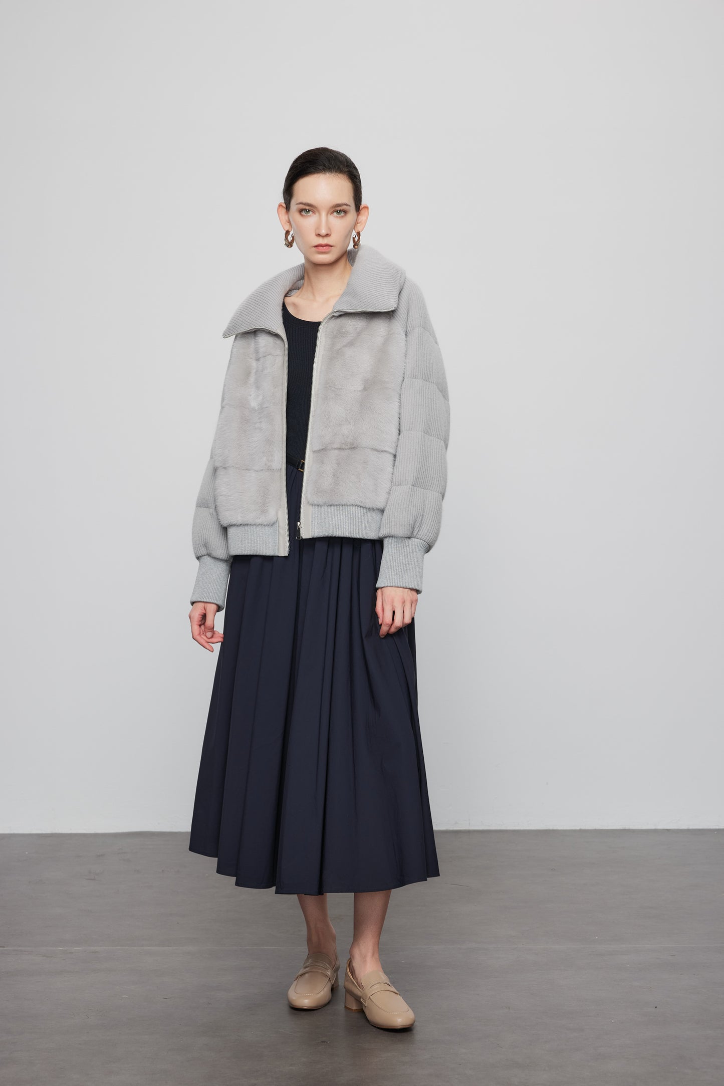 Mink Paneled Down Jacket In Light Grey