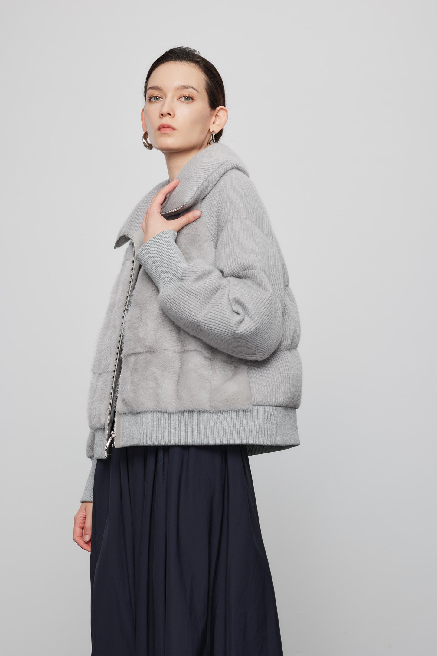 Mink Paneled Down Jacket In Light Grey