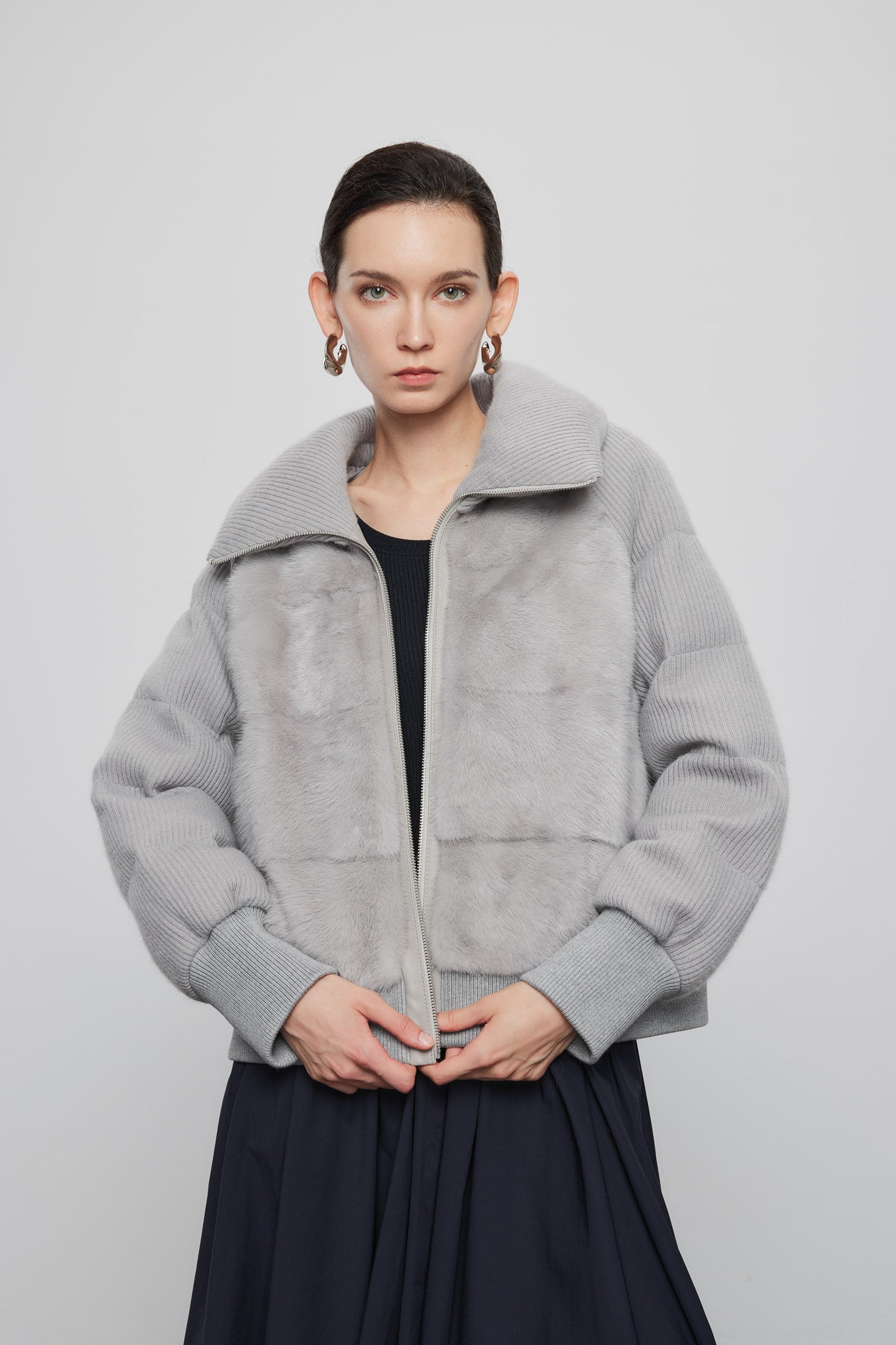 Mink Paneled Down Jacket In Light Grey