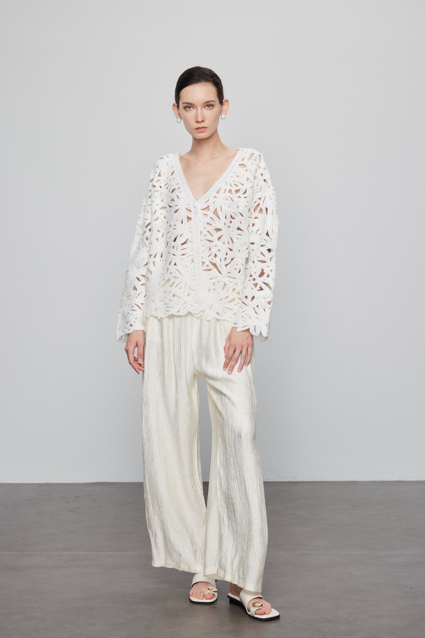 Beaded Crochet  Cardigan In White