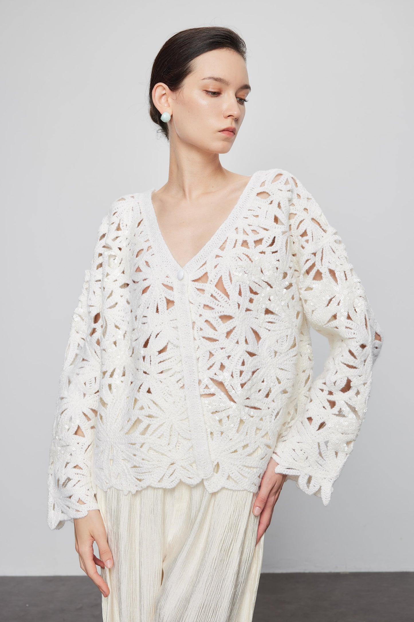 Beaded Crochet  Cardigan In White