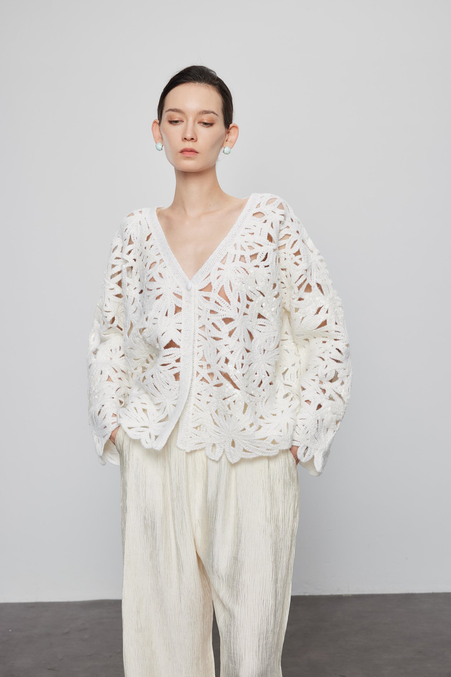 Beaded Crochet  Cardigan In White