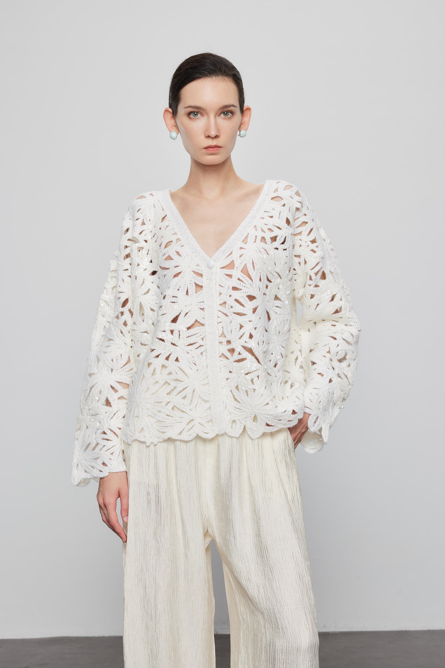 Beaded Crochet  Cardigan In White