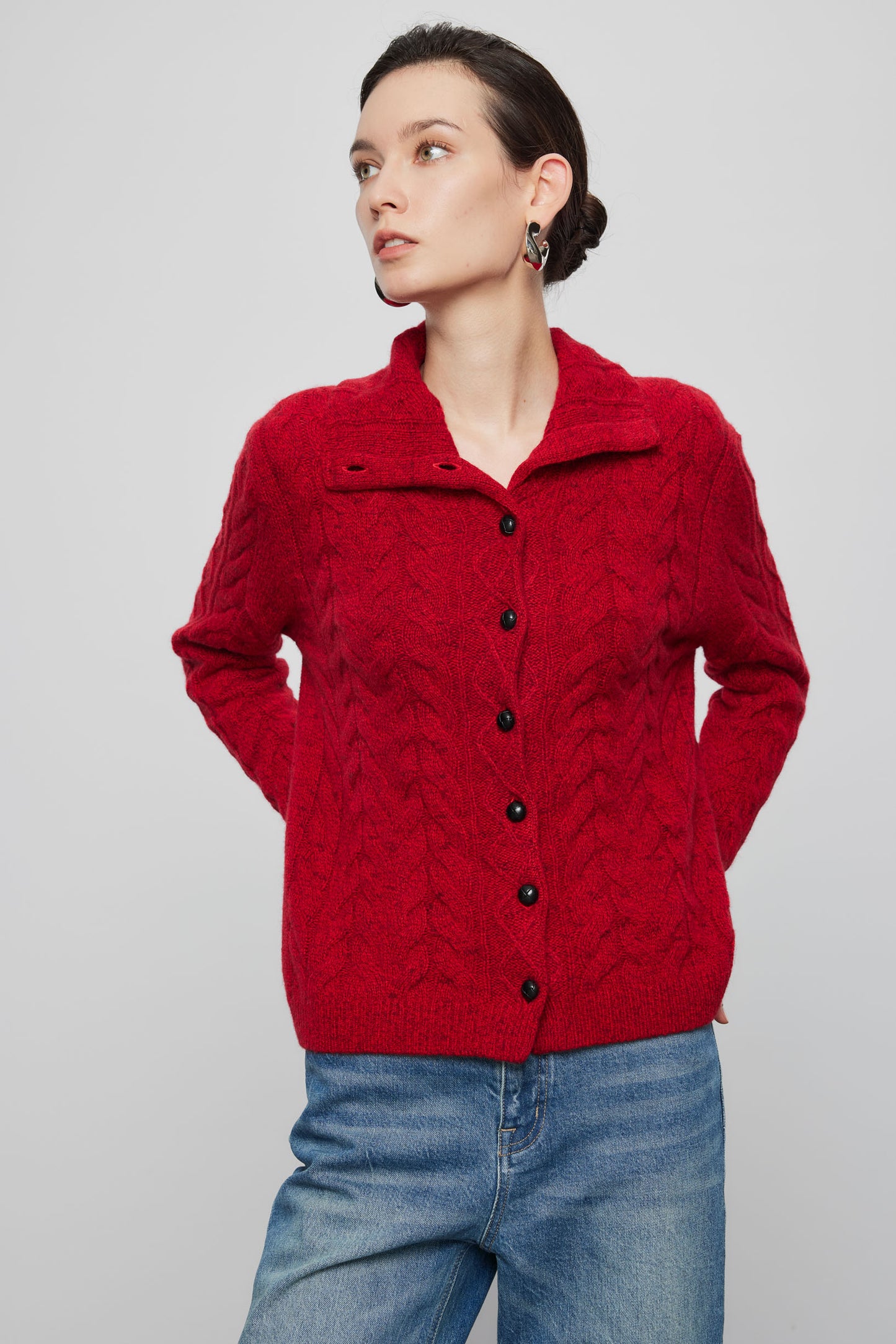 Stand Collar Jacquard Cashmere Cardigan